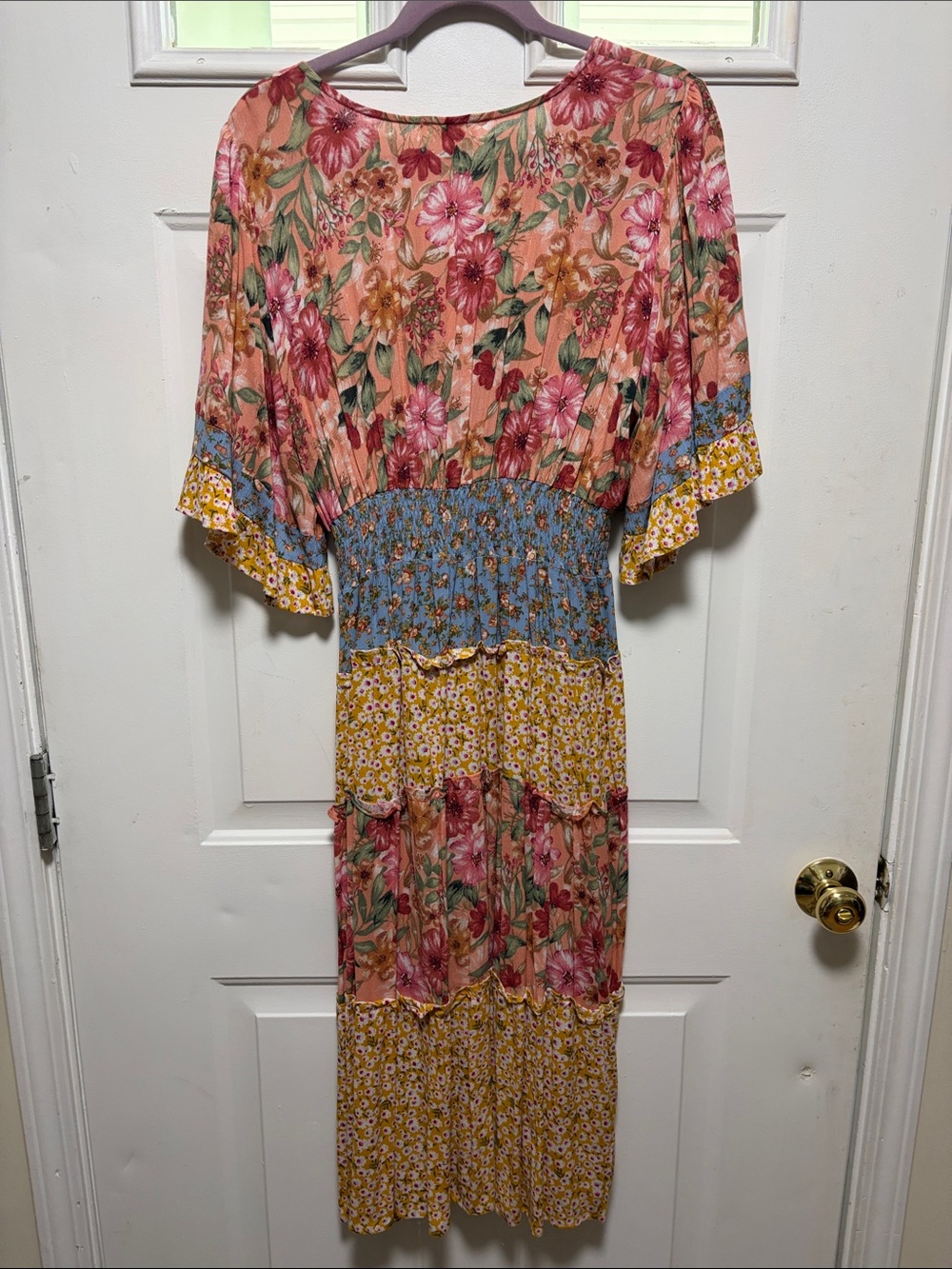 Umgee Peach, Blue & Yellow Patchwork Midi Dress - Picture 6 of 7